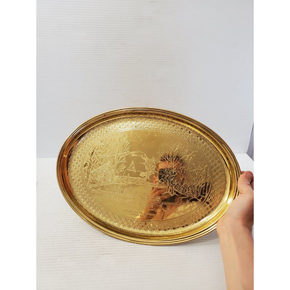 Vintage Brass oval Tray, Engraved Scene, Solid Brass, Catch-all Tray, Re… - Picture 2 of 10